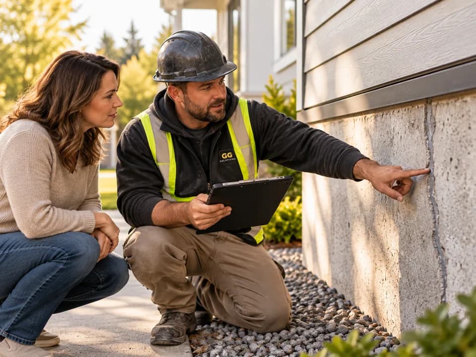 Ground Guard contractor reviewing a foundation concern with a homeowner
